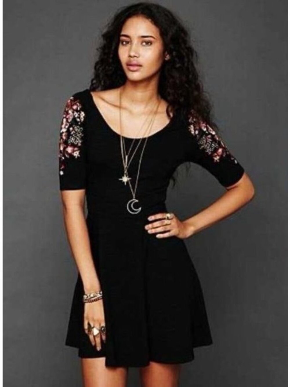 Free People Floral Embroidered Black Fit & Flare Mini Dress S| Indie Sleaze Boho - Picture 15 of 16